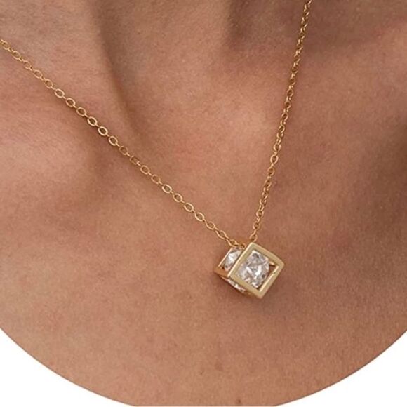 Gold 18k Plated Geometric Square CZ Necklace - Picture 1 of 4